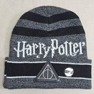 Harry Potter Deathly Hallows Youth Beanie Hat Striped Grey Black Wizarding World